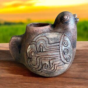 Vintage Ernesto Duran Chilean Ceramic Folk Art Bird Vase Vessel Intricate Tribal
